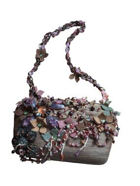 Mary Frances Hard Case Embellished Floral Fabric Beaded Purse Clutch Handbag